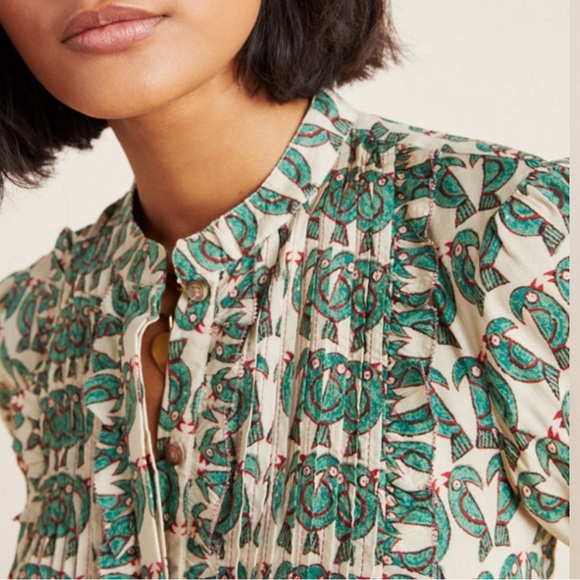 ANTHROPOLOGIE MAEVE Birdie Ruffled Button-down Blouse 6 tropical vacation resort - Picture 4 of 11